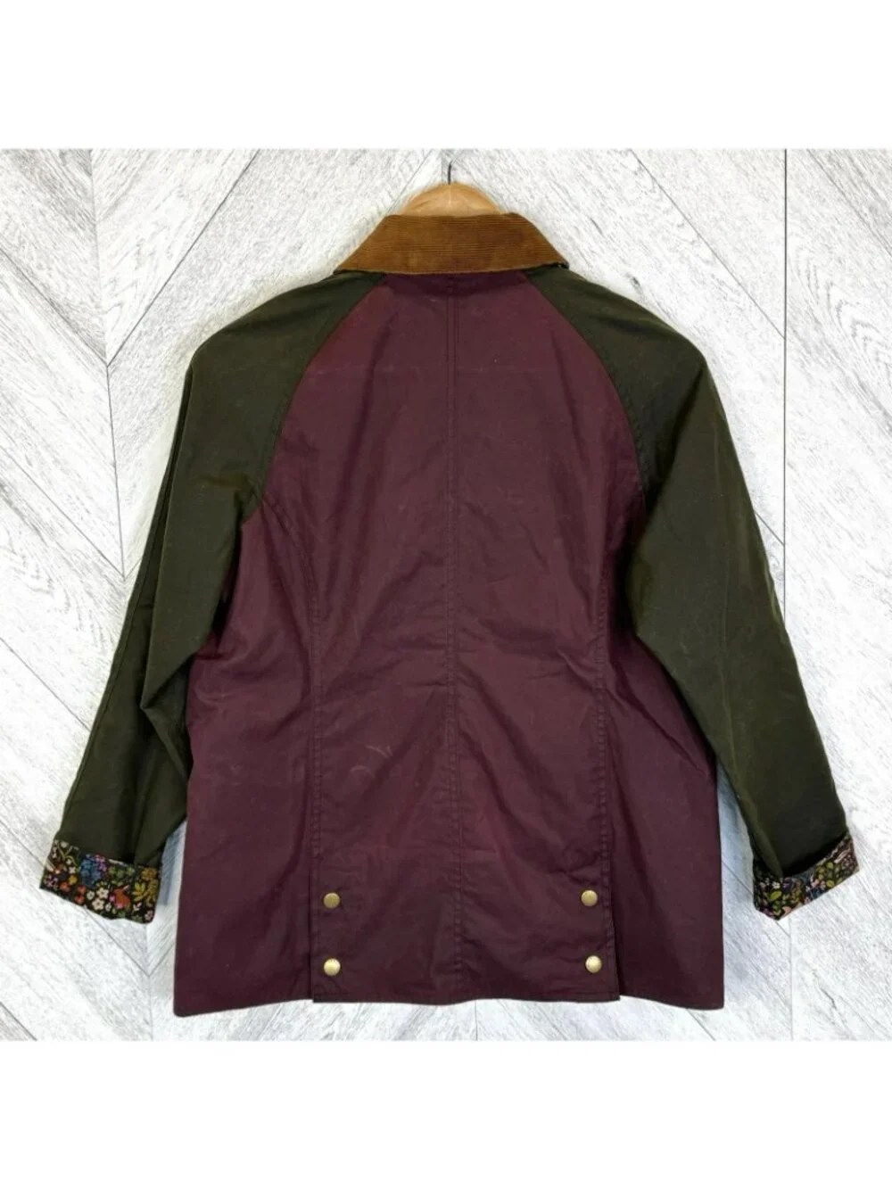 Barbour Kids XL 12/13 Beadnell Wax Jacket Colorblock Floral Woodland Lining - Picture 3 of 11